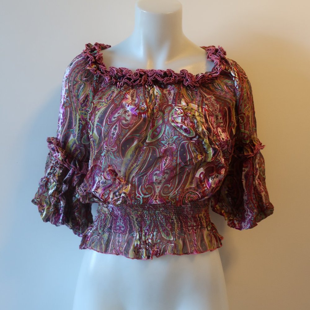 GEORGINA PAISLEY SEMI-SHEER OFF SHOULDER TOP S *